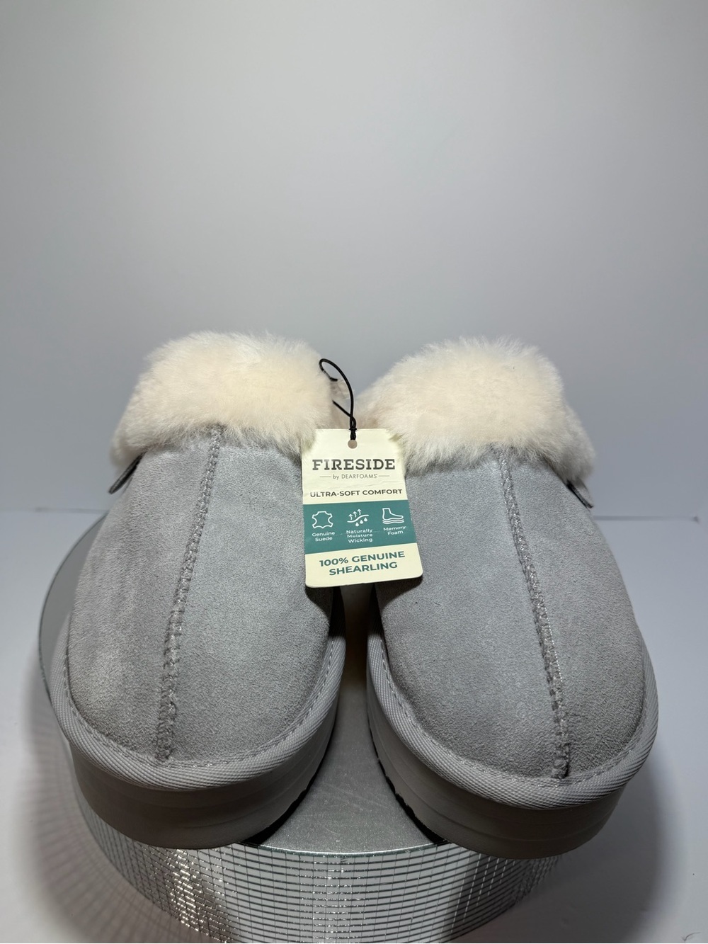 Fireside dearfoams Grey Suede Shearling Mule Slippers size 10 new w tags